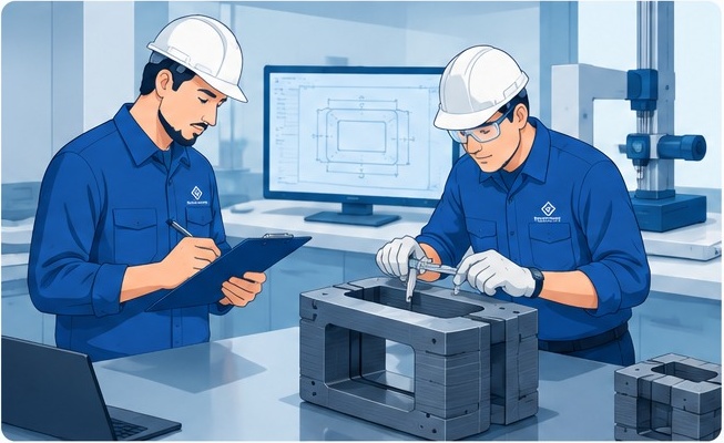 Inspection team checking precision components